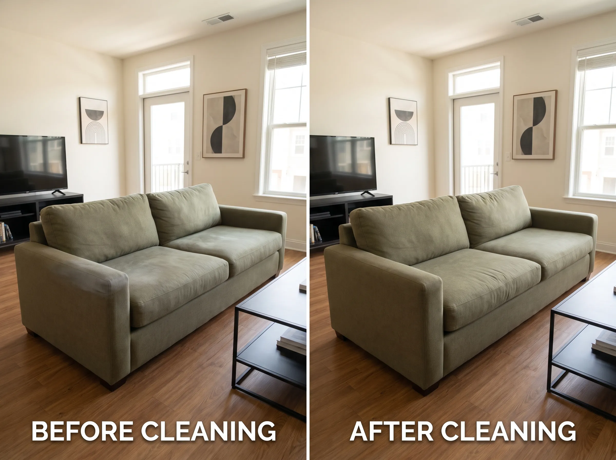 Real upholstery cleaning result, before and after