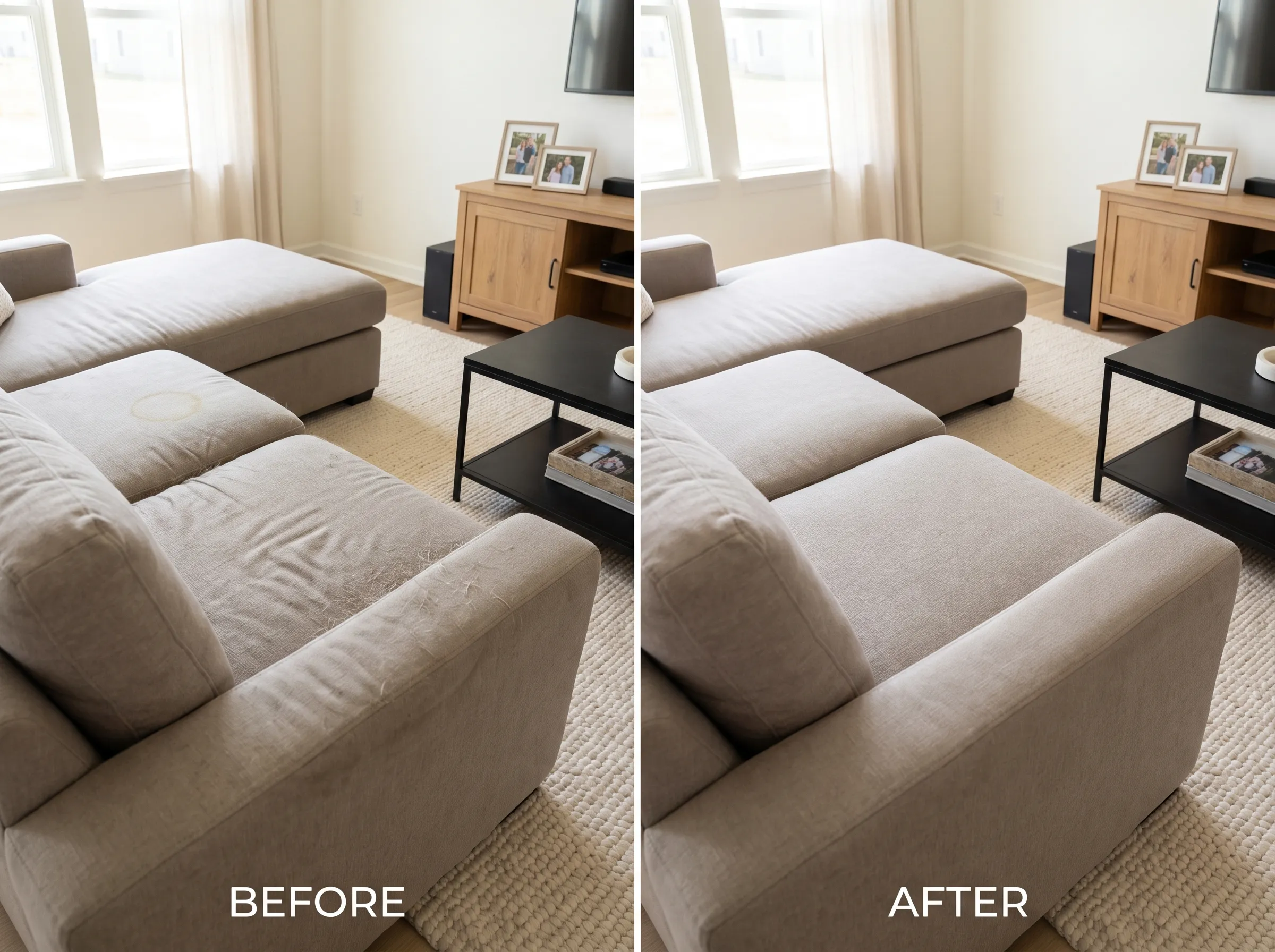 Real upholstery cleaning result, before and after